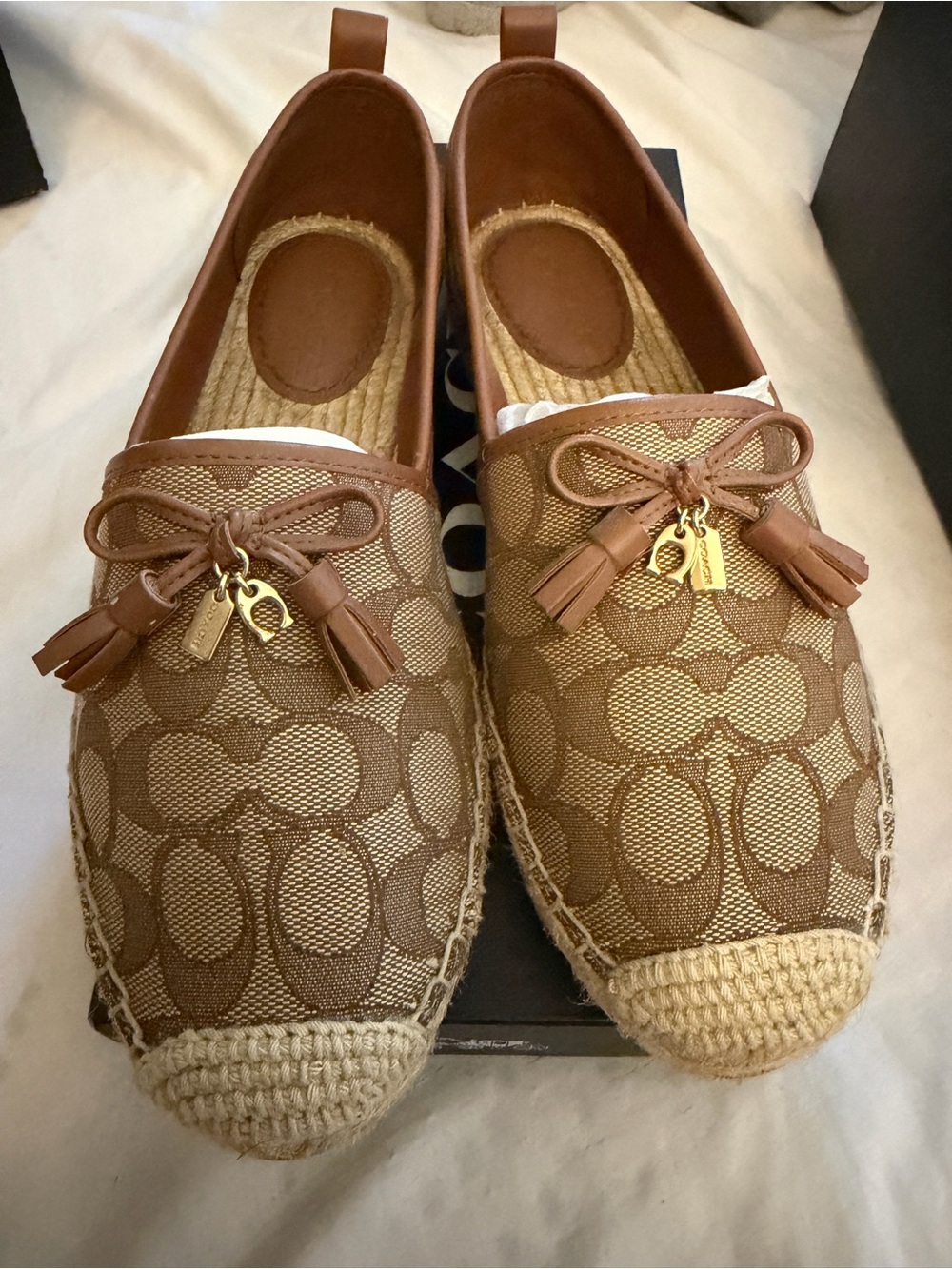 Coach Tan Signature Canvas Espadrille Flats with Tassel Accents
